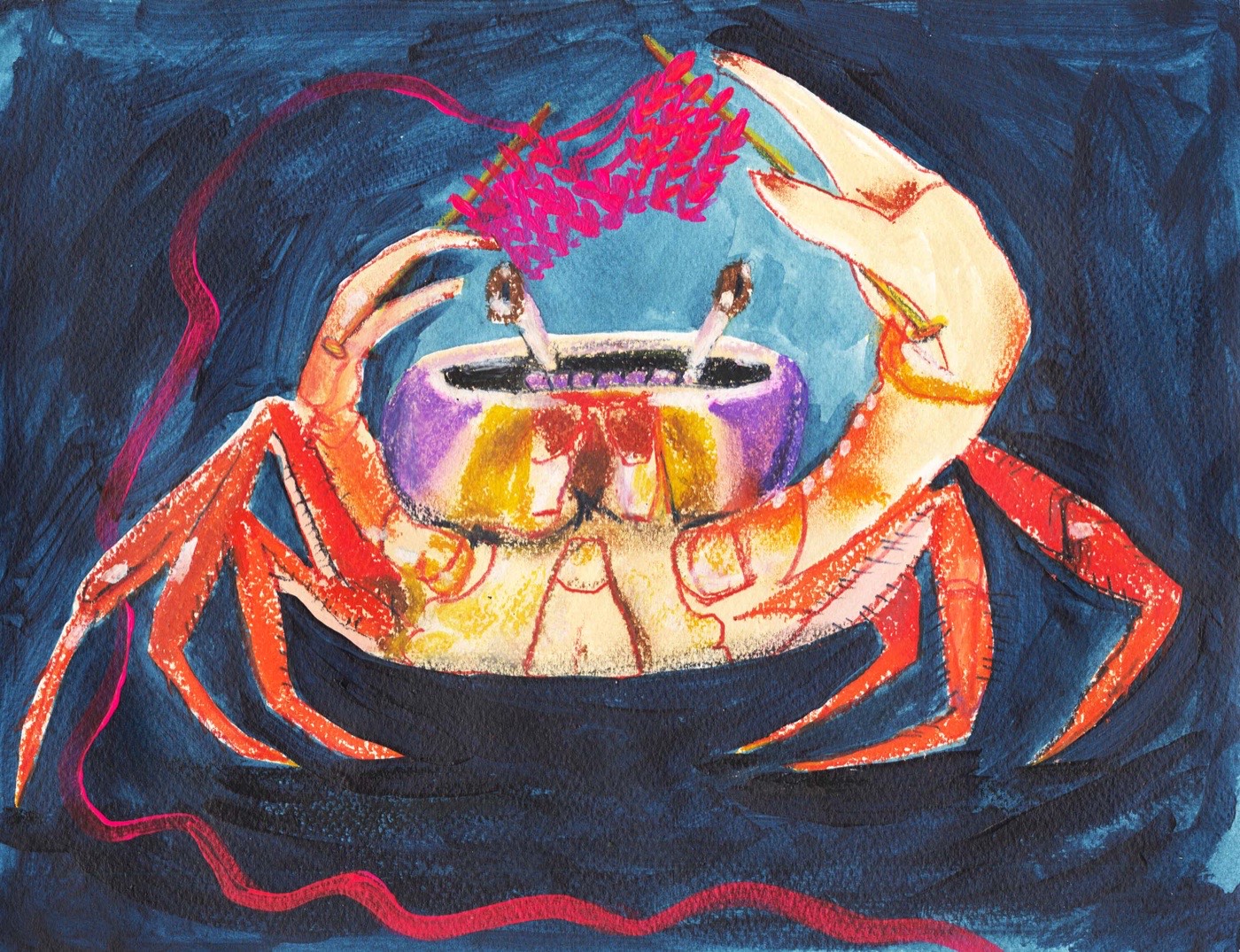 Knitting crab in oil pastel